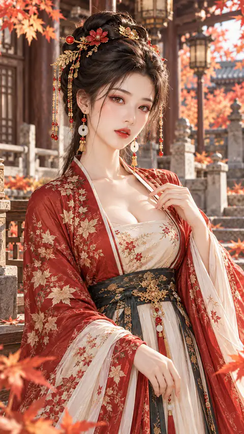秋日庭院中身着朱砂红抹胸刺绣汉服的年轻古典女性半身肖像｜GPT Image 2 生成