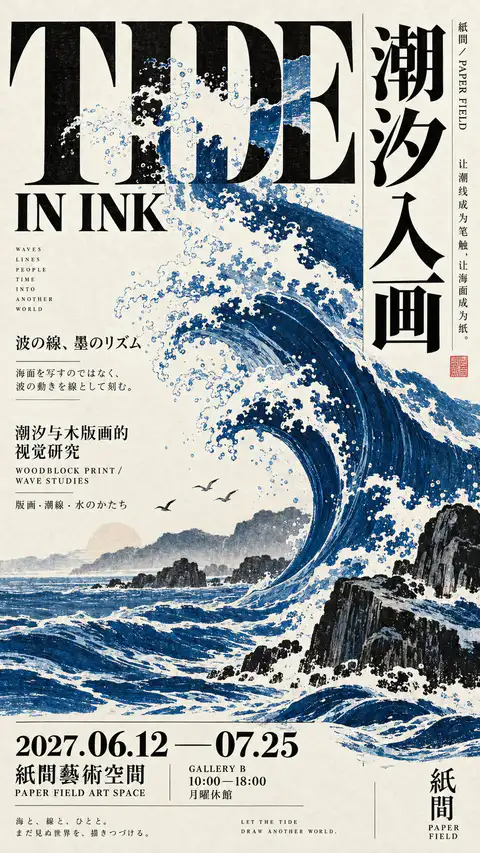 蓝色木版画巨浪海浪穿过英文字母TIDE的展览海报设计, generado con GPT Image 2