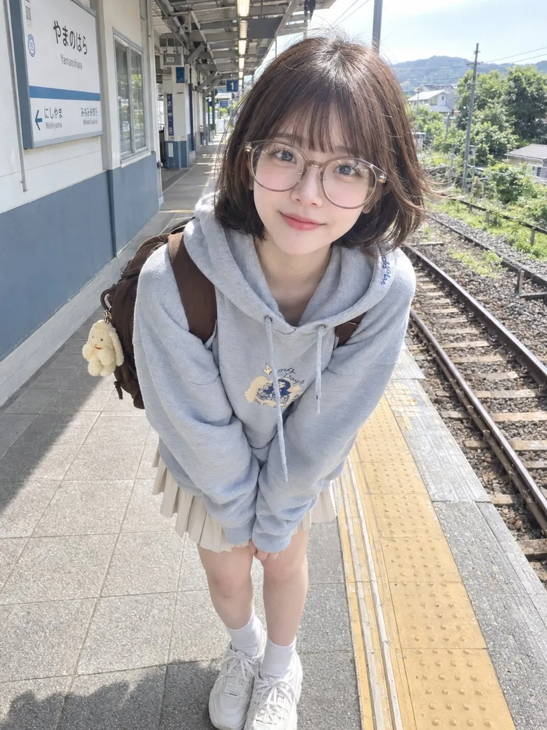 A young Asian woman with short hair and glasses wearing a hoodie and pleated skirt leaning forward smiling at a train station