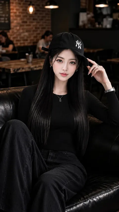 在温暖灯光咖啡馆皮沙发上坐着的黑衣棒球帽年轻女性, generado con GPT Image 1 / 4o