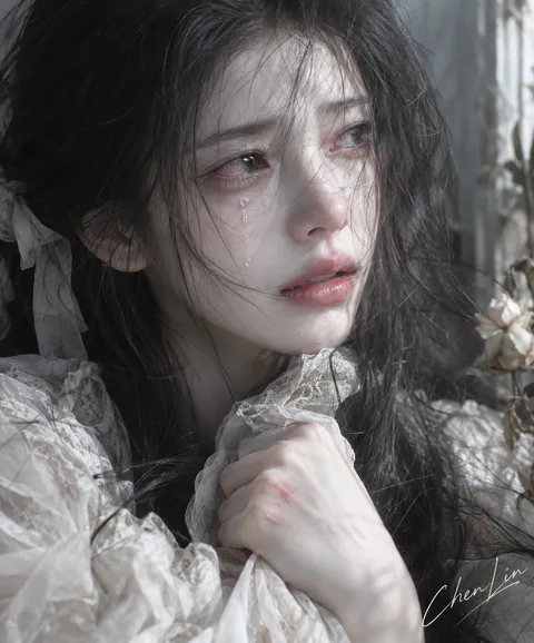 一位眼眶泛红流泪、神情哀婉的年轻女子特写，手抓蕾丝衣物｜通用 / 未注明 生成