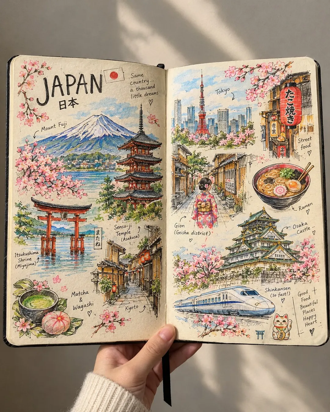 手持翻开的旅行手账本，内页画满日本富士山、五重塔、拉面等手绘插画与手写字｜GPT Image 2 生成