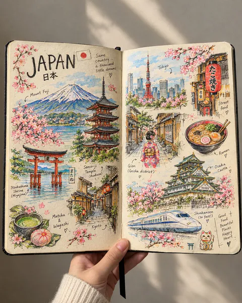 手持翻开的旅行手账本，内页画满日本富士山、五重塔、拉面等手绘插画与手写字, generado con GPT Image 2
