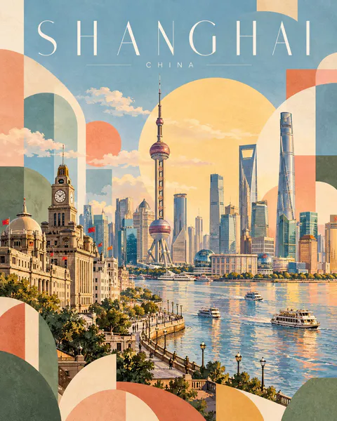 上海东方明珠与外滩万国建筑群的复古几何插画海报｜GPT Image 2 生成