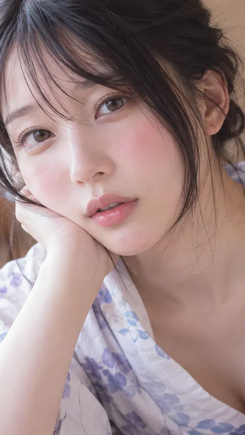 一位身穿蓝紫花纹浴衣的成年女性单手托腮望向镜头的特写肖像｜GPT Image 2 生成