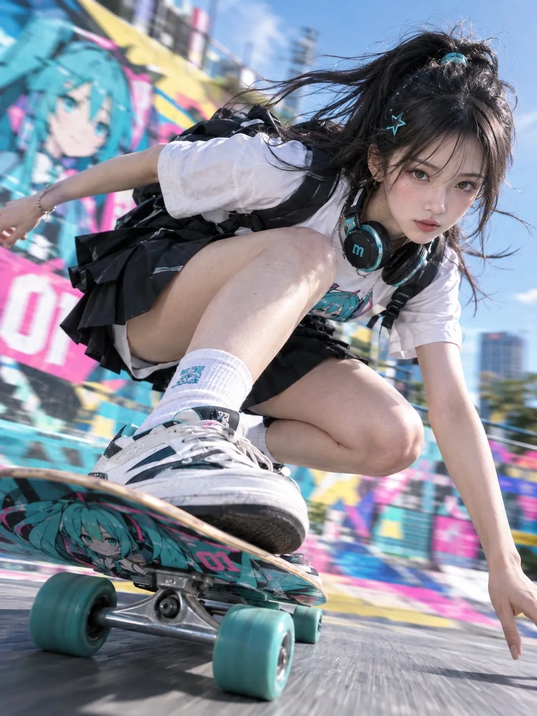 年轻女性穿着街头服饰踩着初音未来涂鸦滑板低角度切弯滑行|通用 / 未注明 生成