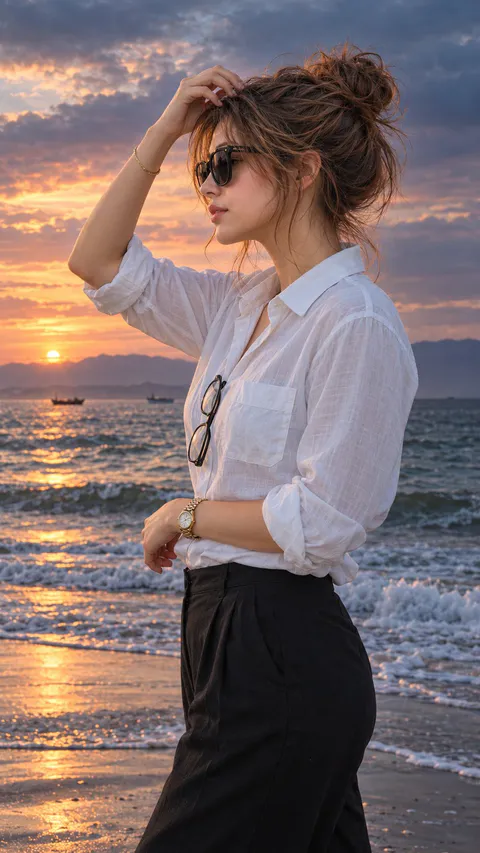 海滩夕阳下一位身穿白衬衫与黑色长裤的女性侧身站在海浪边，单手轻抚刘海, generado con GPT Image 2