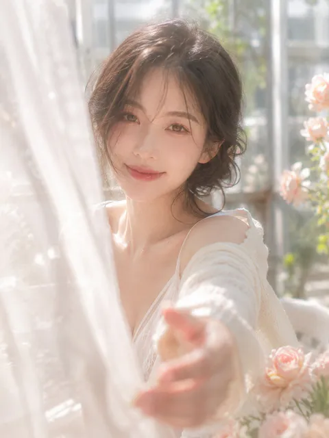 年轻女性低头嗅着手中的干花花束，神态恬静温柔｜通用 / 未注明 生成