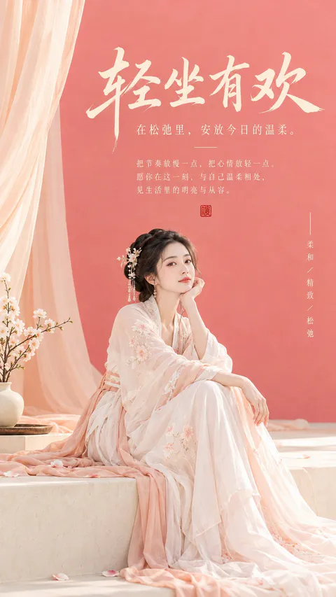 珊瑚粉背景下身穿浅粉色汉服侧坐托腮的年轻女子东方美学海报, generado con GPT Image 2