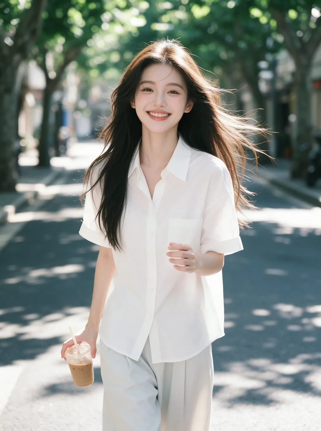 年轻女性身穿白色短袖衬衫，漫步在绿树成荫的街道上微笑｜通用 / 未注明 生成