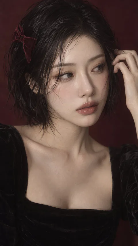 黑色低胸方领丝绒衣成年女性复古胶片感肖像特写｜GPT Image 2 生成