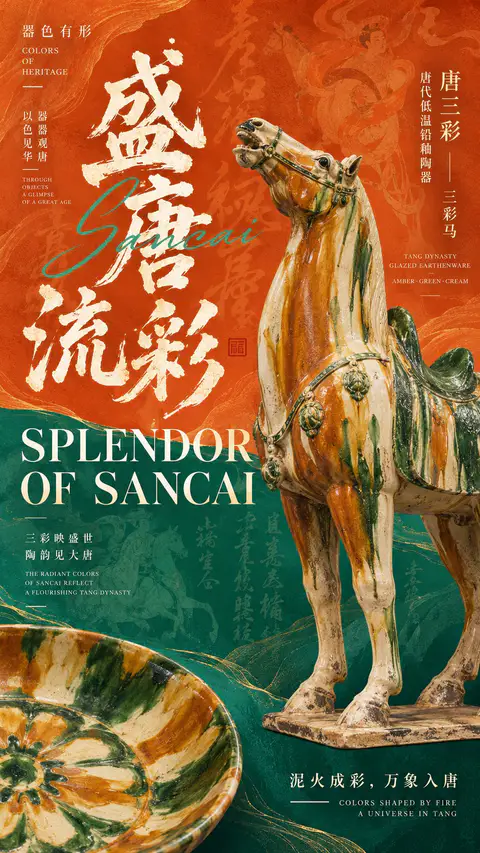 唐三彩陶马与盘子结合橙绿撞色的书法海报, generado con GPT Image 2