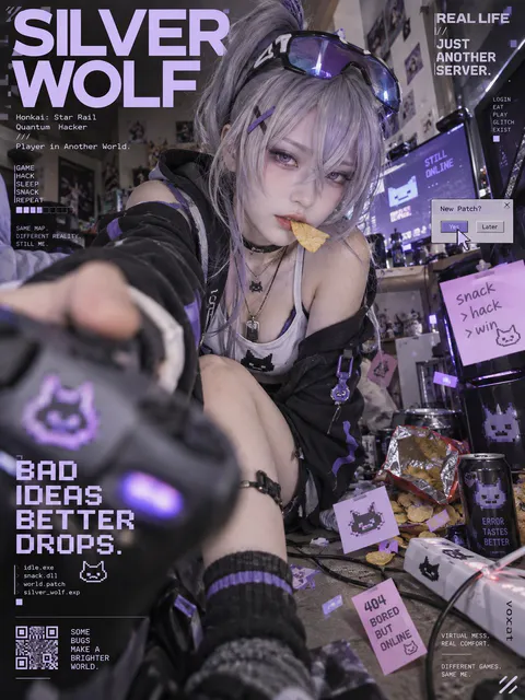 Silver Wolf live-action cosplay sitting on floor with controller and snacks in wide-angle editorial layout, generated with GP