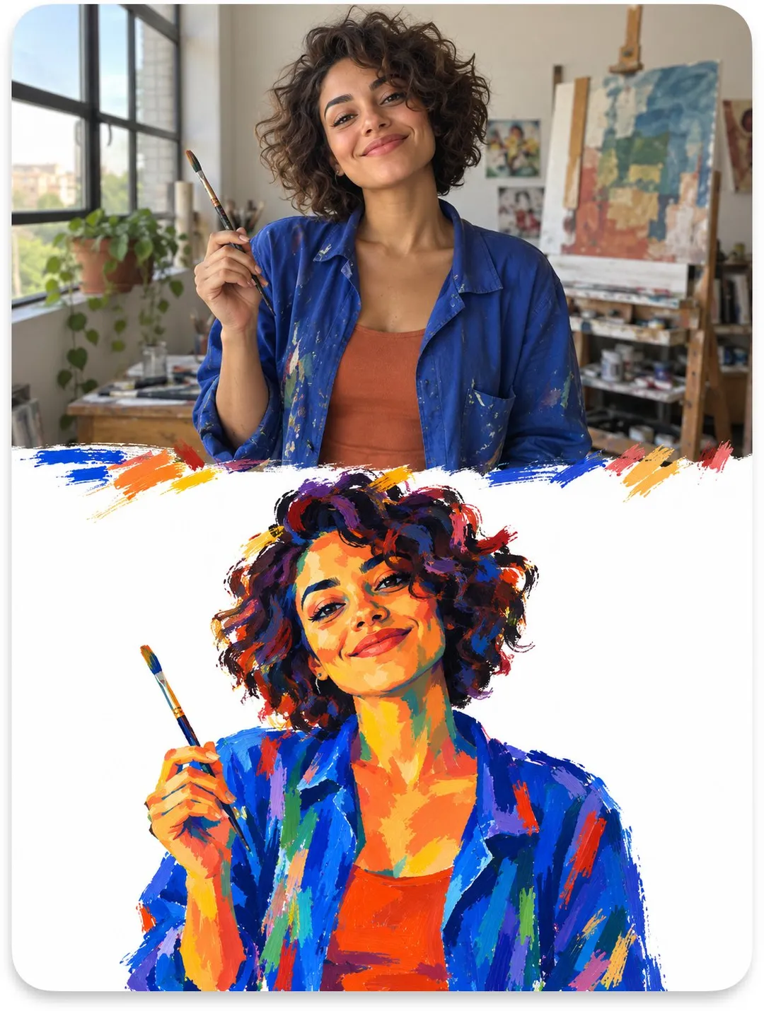 Díptico comparativo vertical con foto real de pintora arriba e ilustración fauvista abajo con trazos gruesos y colores puros