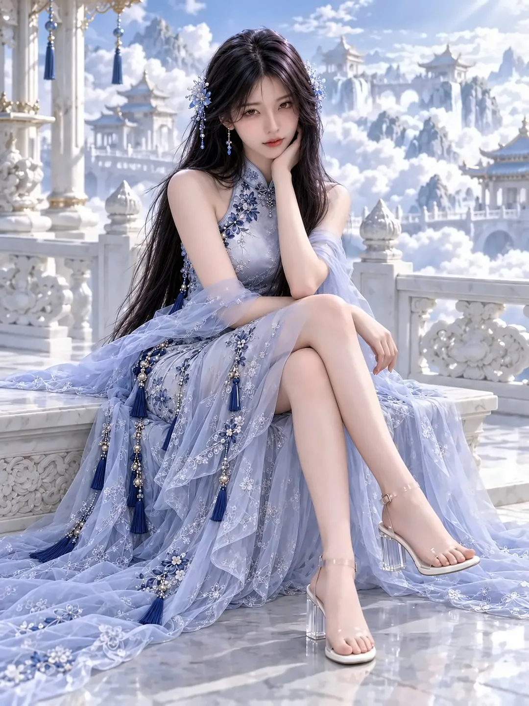 身穿冰蓝刺绣长裙的年轻女性坐在白玉长凳上，背景为云海仙宫｜AI 生成