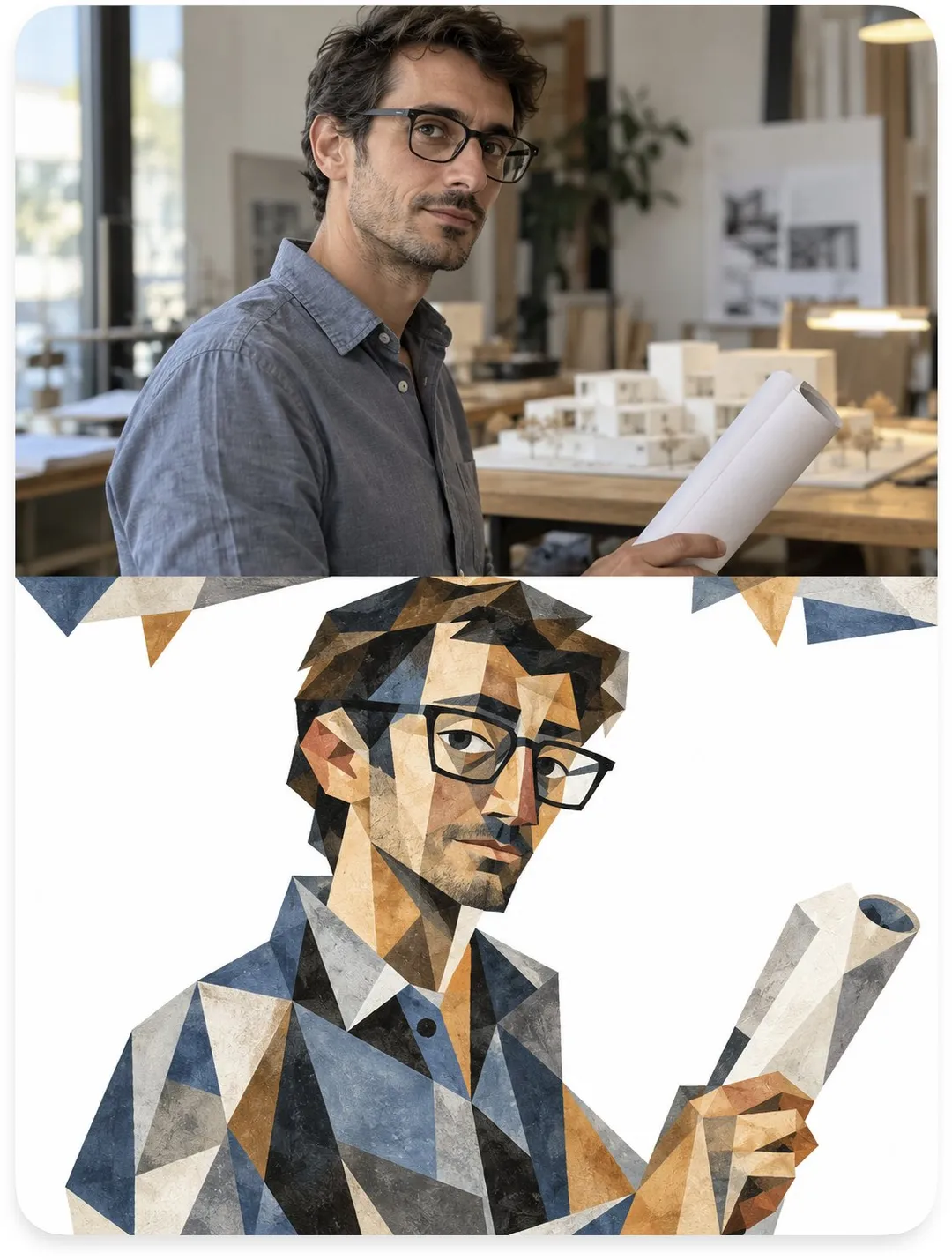 Upper part shows a man with glasses holding blueprints; lower part displays his geometric Cubist illustration, generated with