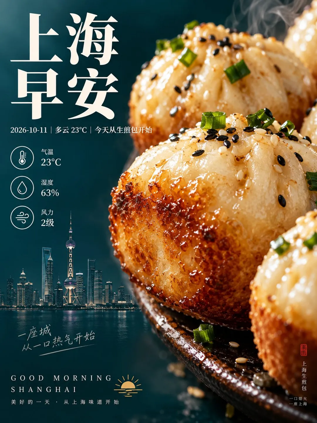 Primer plano de shengjianbao con el horizonte de Shanghái en un póster de buenos días, generado con IA