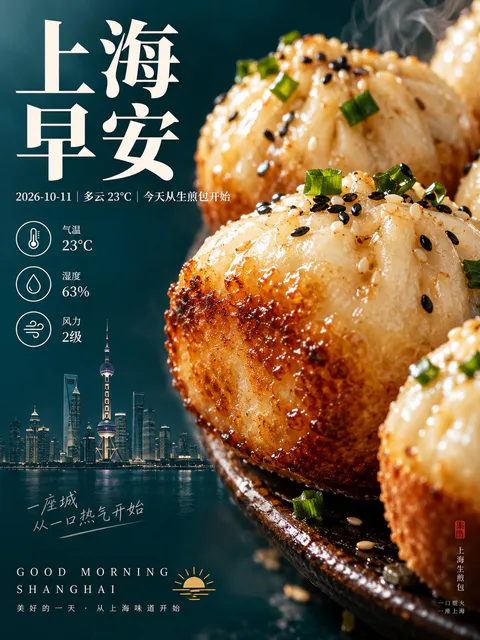 生煎包特写与上海城市天际线早安海报, generado con IA