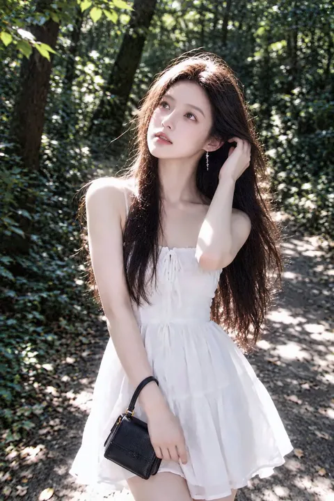 年轻女性身穿白色吊带短裙，站在林间小径仰头感受阳光斑驳, generado con IA
