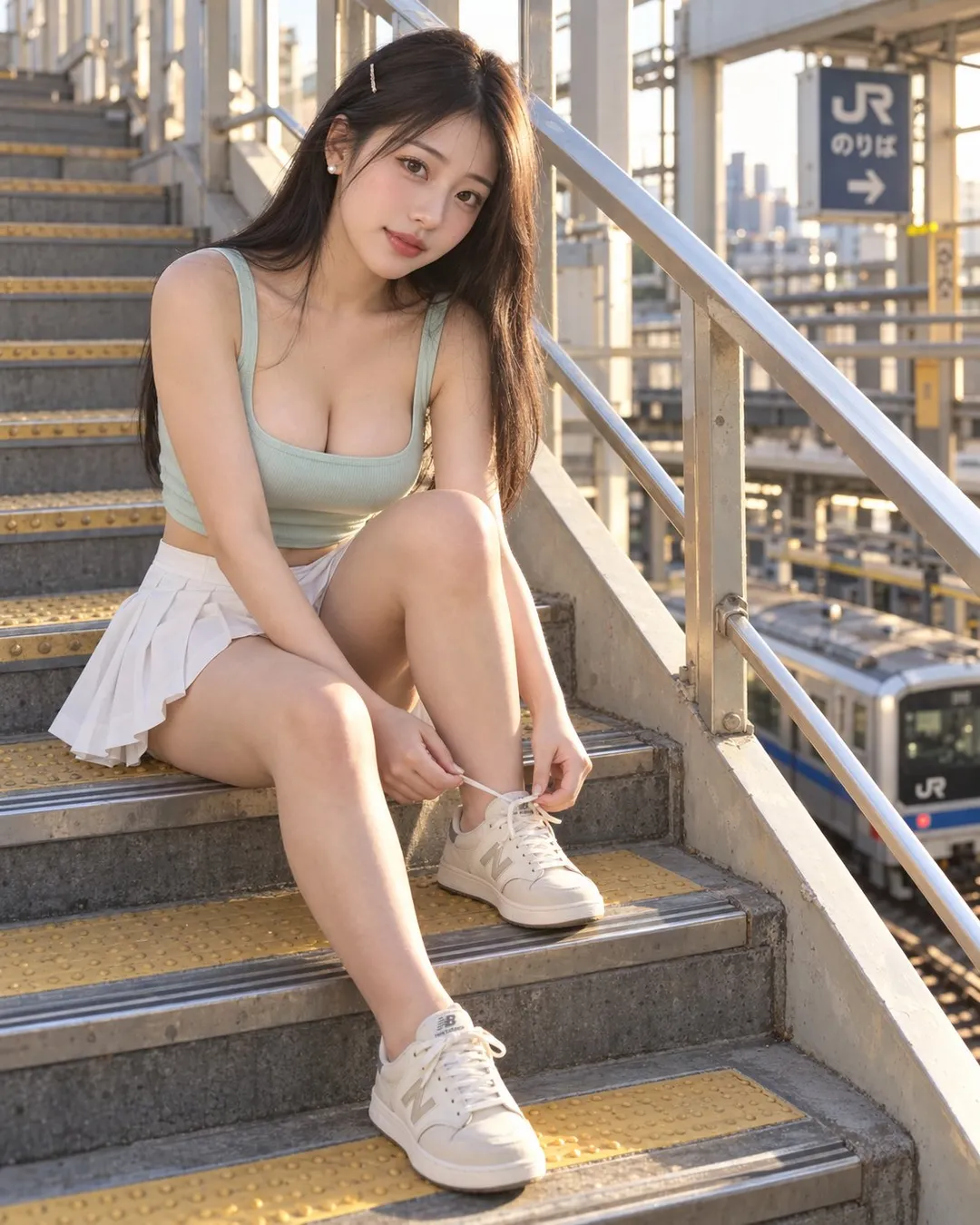 A young woman sitting on outdoor pedestrian bridge stairs tying shoelaces, wearing a low-cut mint tank top and pleated minisk