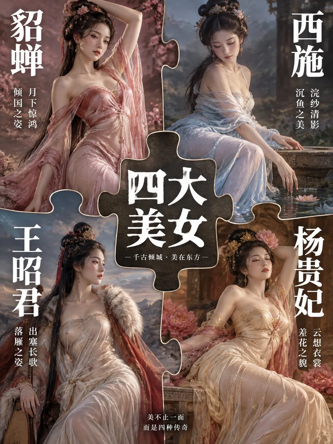 Art poster collage featuring the Four Beauties of ancient China designed as puzzle pieces, AI generated