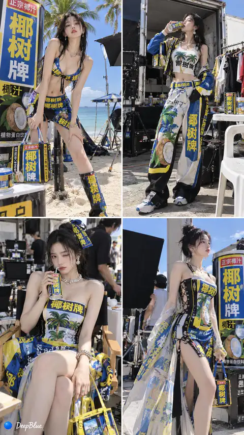 六神花露水风格的绿色印花轻纱长裙与配饰四宫格展示｜GPT Image 2 生成