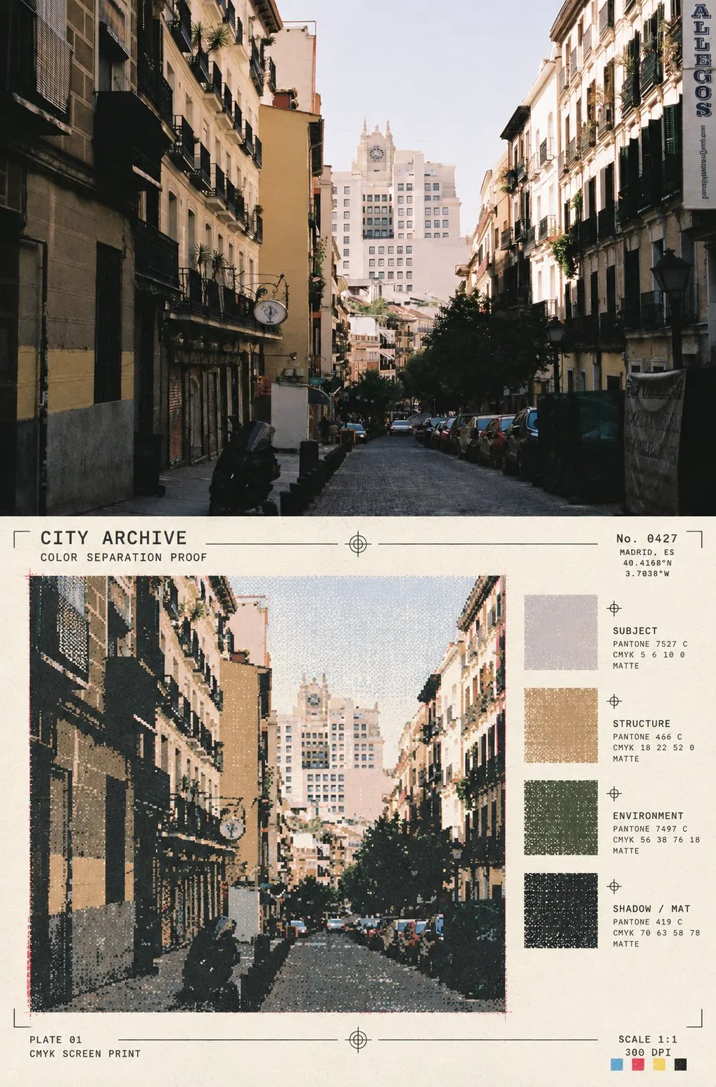 Póster con fotografía callejera europea arriba y abajo su correspondiente prueba de preprensa pixelada, generado con 通用 / 未注明