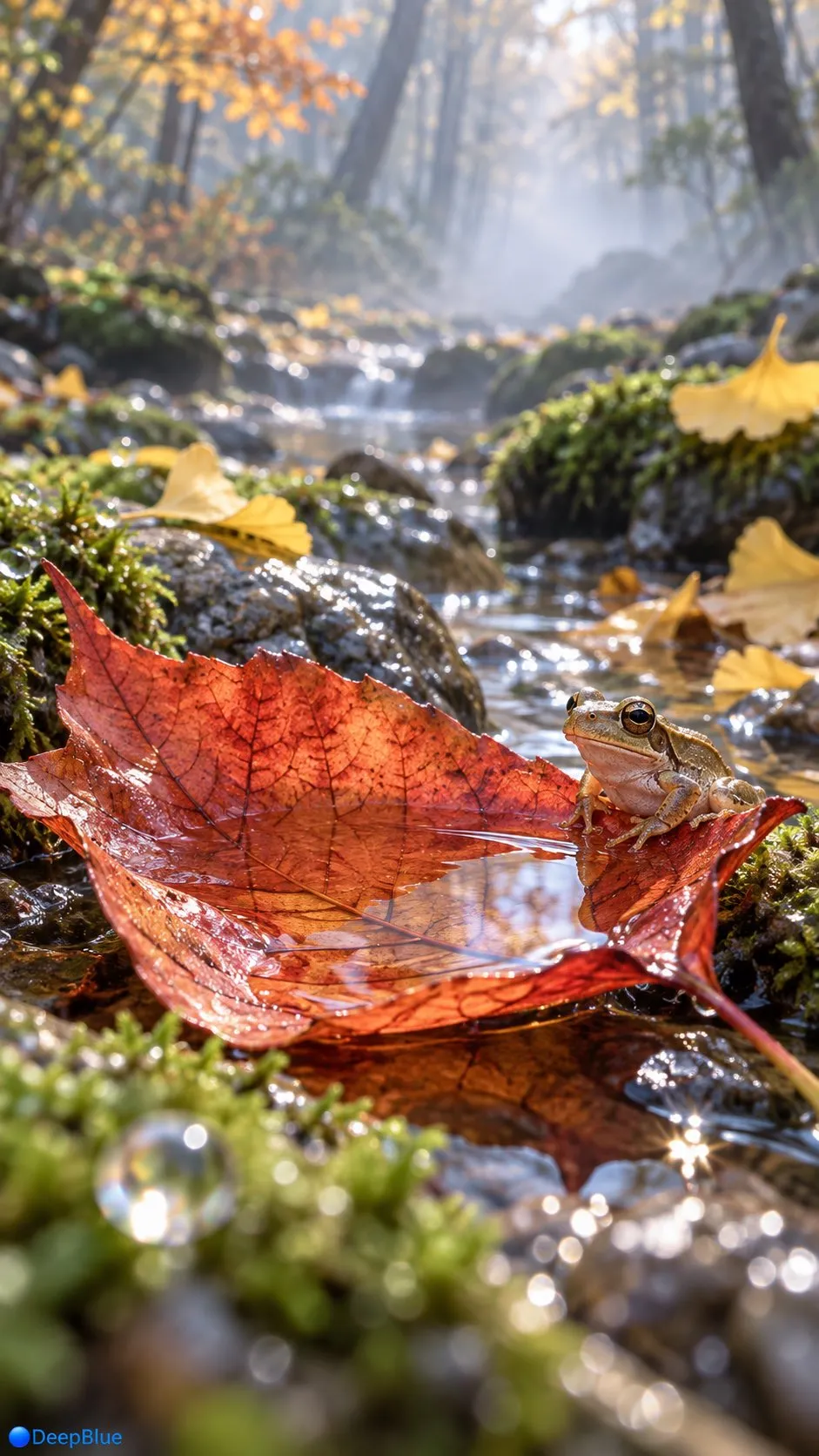 Plano macro de una rana arbórea verde descansando en un charco con hojas rojas junto a un arroyo, generado con 通用 / 未注明
