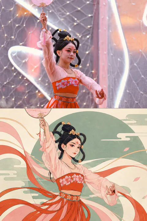 上下对比图：上方为汉服舞者照片，下方为飘带飞扬的中国漫画风格转绘插画｜通用 / 未注明 生成