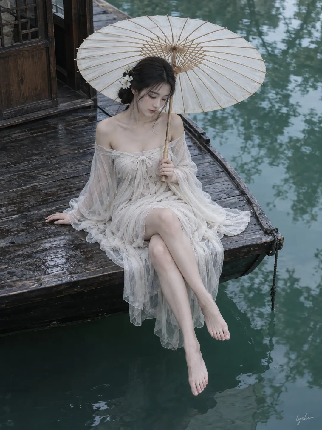 A young woman in a white off-shoulder dress holding a paper umbrella on a wooden boat stern, generated with 通用 / 未注明