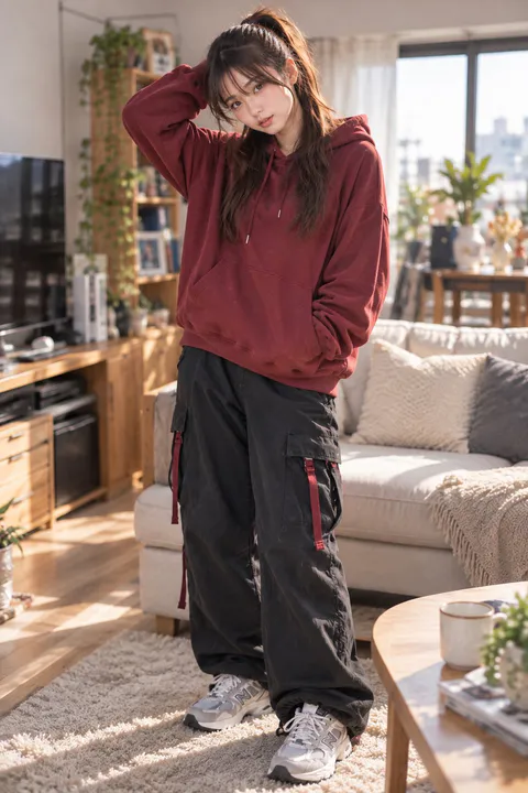 身穿酒红色卫衣与黑色工装裤的年轻女性站立在明亮客厅中｜通用 / 未注明 生成